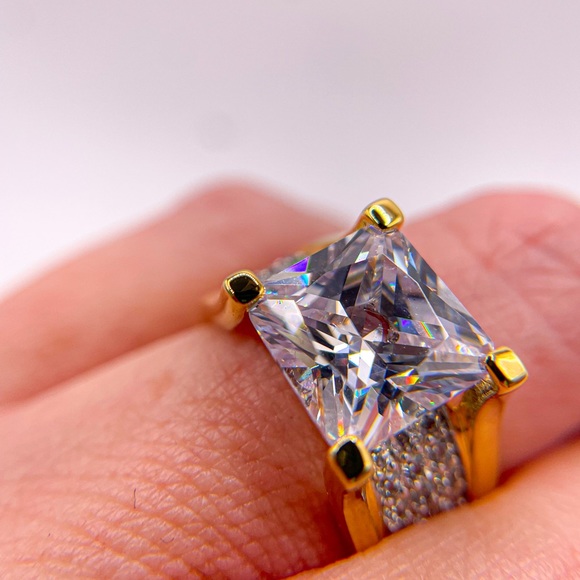 Seta Gold Tone Radiant Square Cut Cubic Zirconia High Profile Ring - Picture 3 of 7